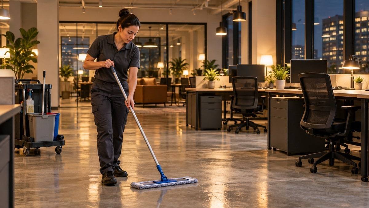 Cleaner mopping an empty office with warm lighting after hours