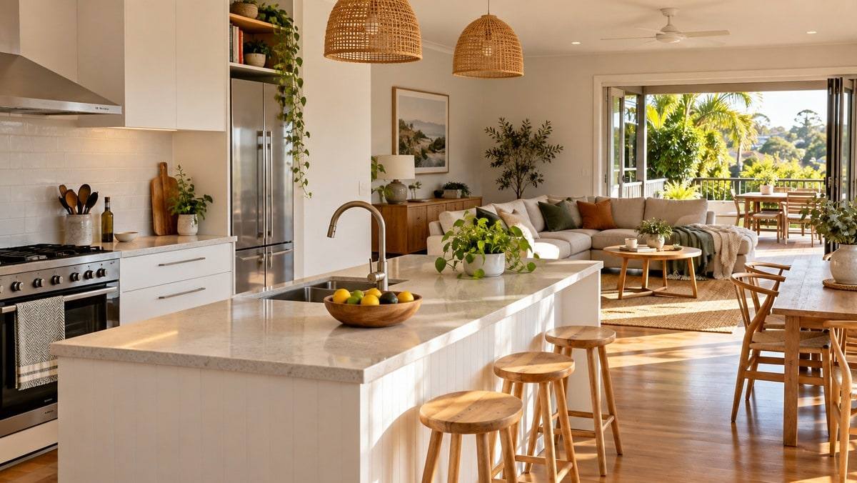Sunlit, tidy Australian home kitchen and living area