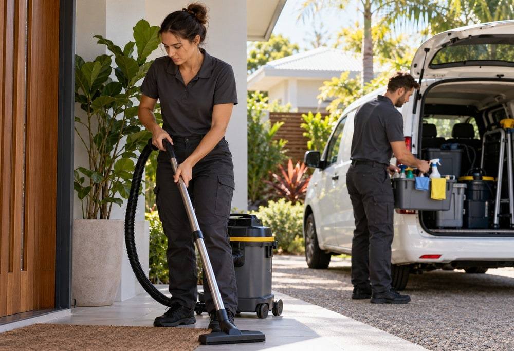 Illustrative image: cleaning crew with equipment beside a vehicle outside a Queensland home